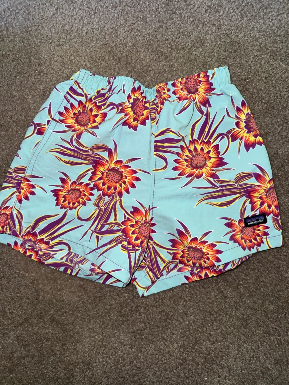 Patagonia Kids Swim Trunks - Aqua with Red-Orange Floral